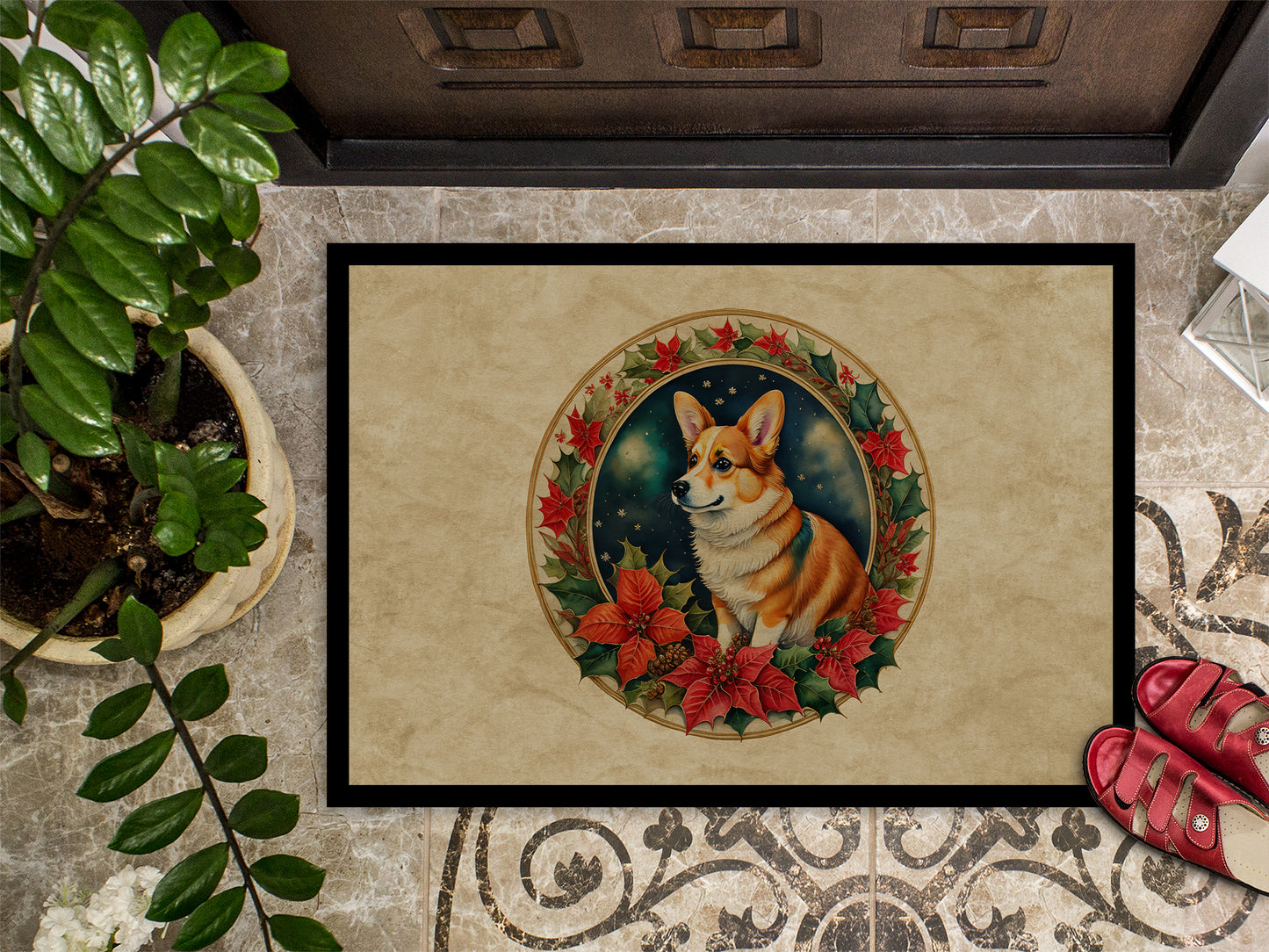 Corgi Christmas Flowers Doormat