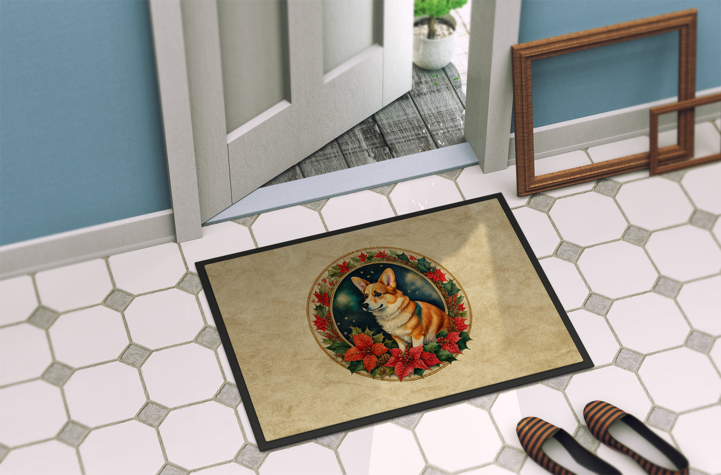 Corgi Christmas Flowers Doormat