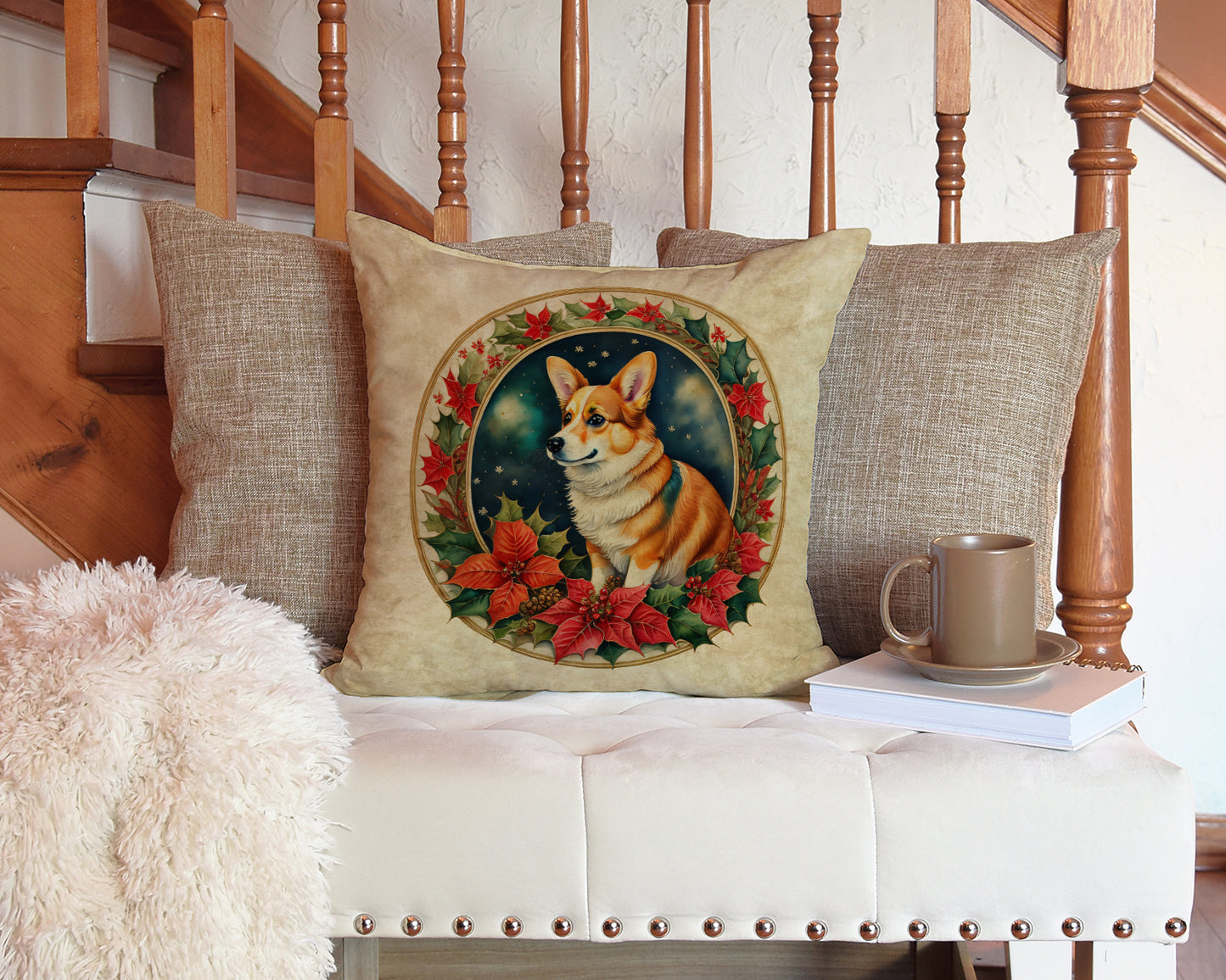 Corgi Christmas Flowers Throw Pillow