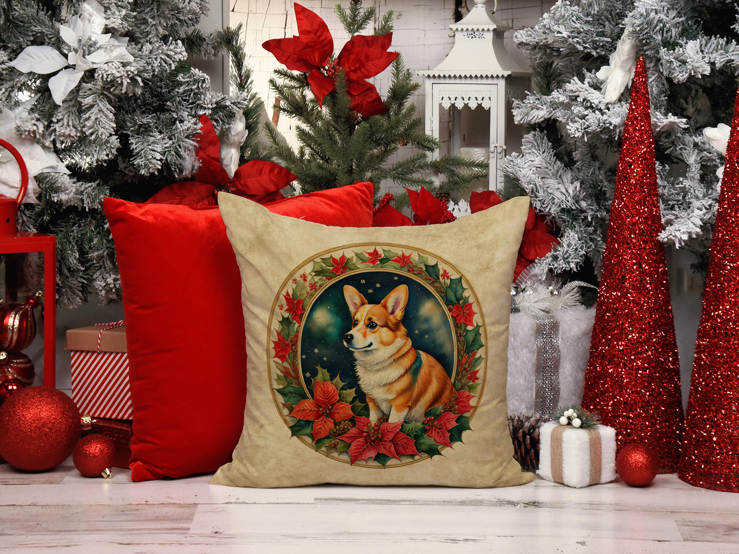 Corgi Christmas Flowers Throw Pillow