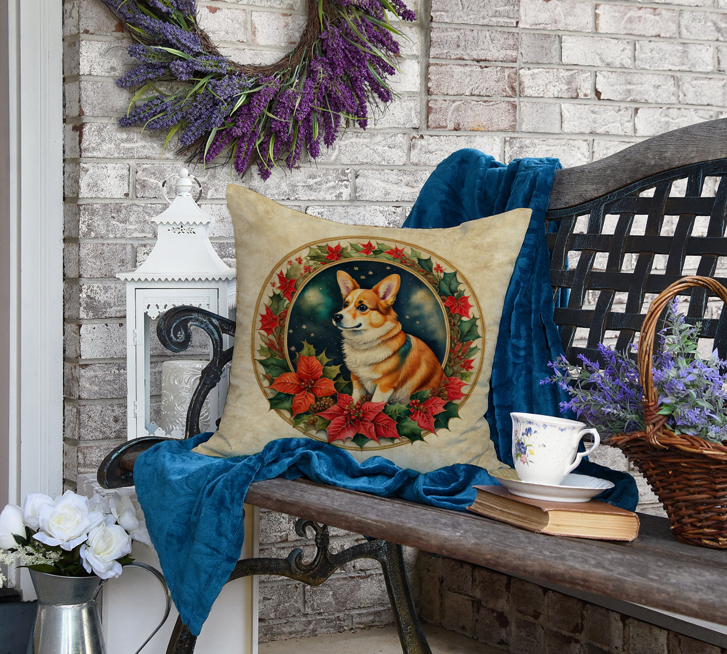 Corgi Christmas Flowers Throw Pillow