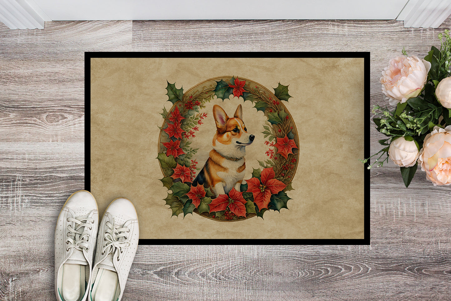 Corgi Christmas Flowers Doormat