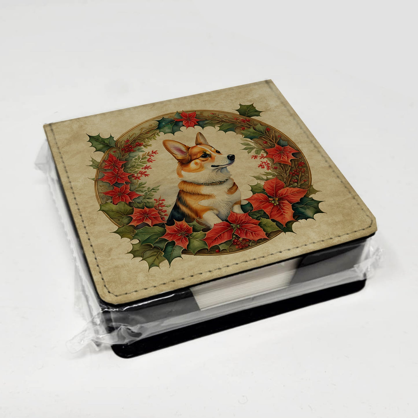 Corgi Christmas Flowers PU Leather Note Paper Holder