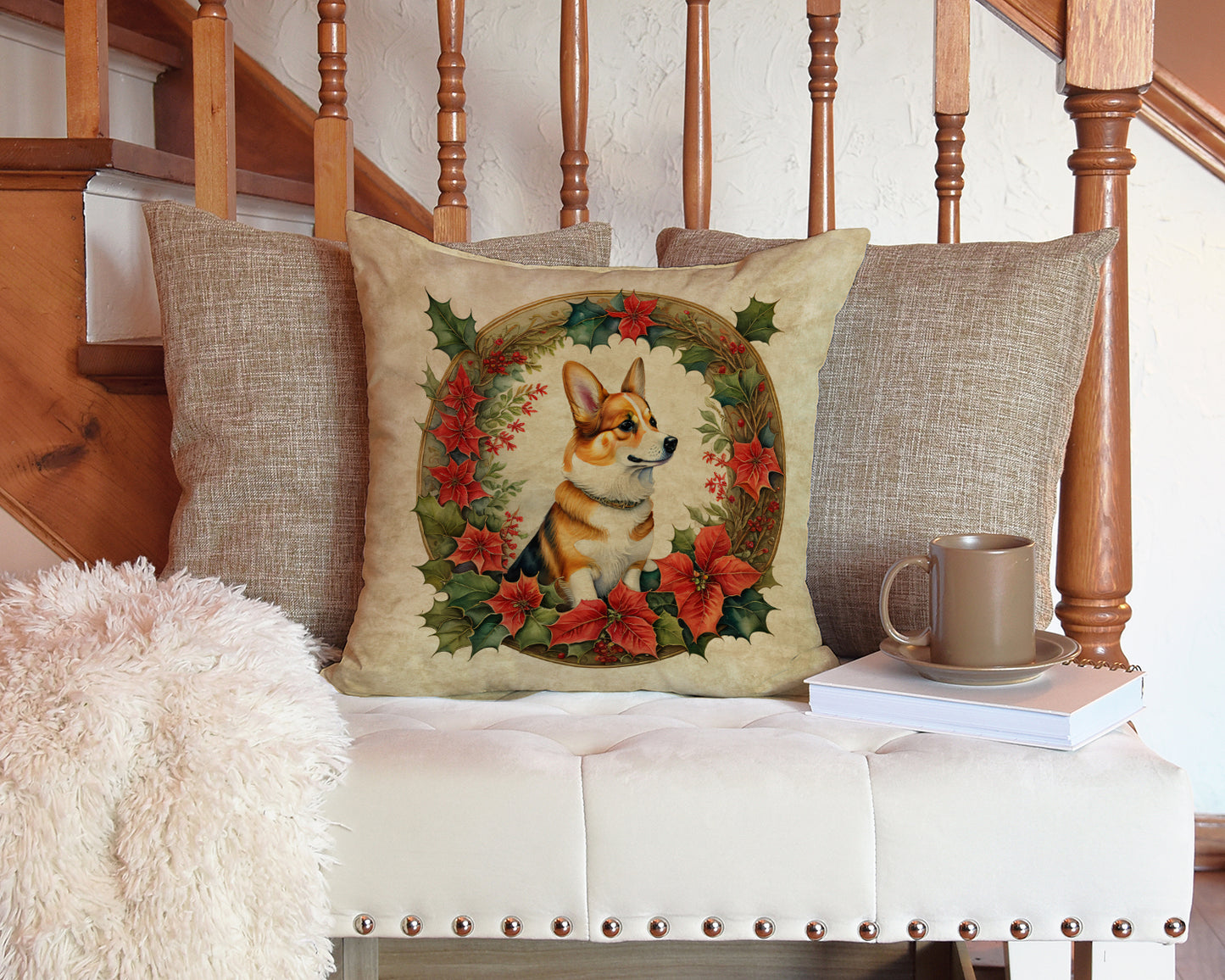 Corgi Christmas Flowers Throw Pillow