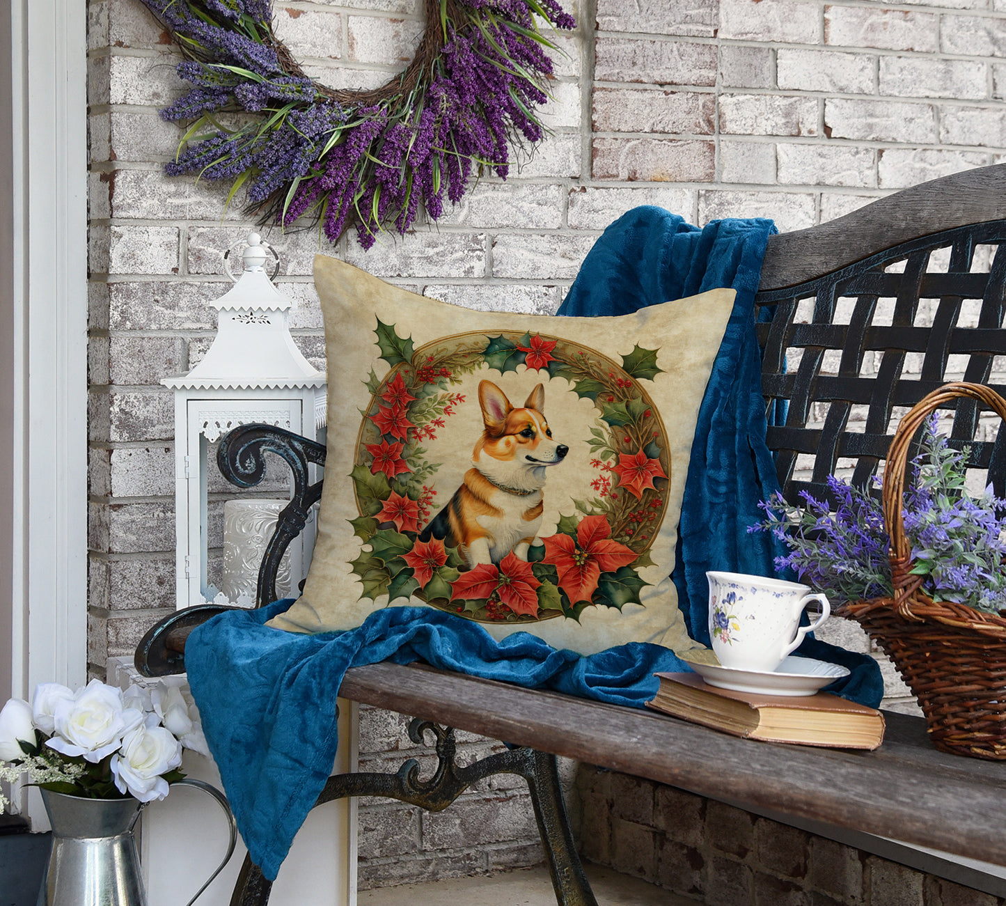 Corgi Christmas Flowers Throw Pillow