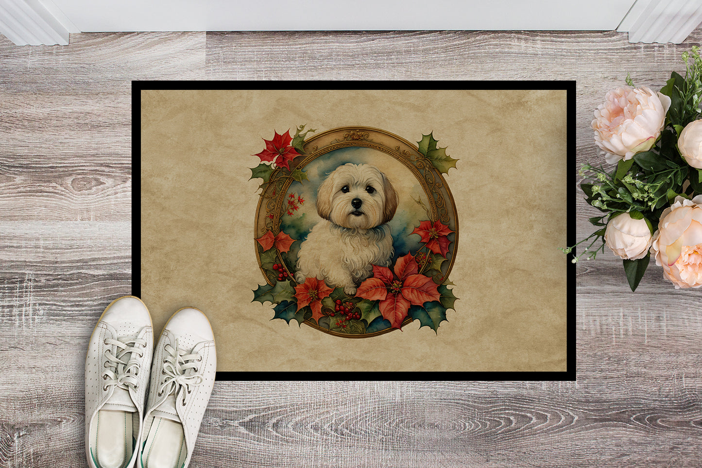 Coton De Tulear Christmas Flowers Doormat