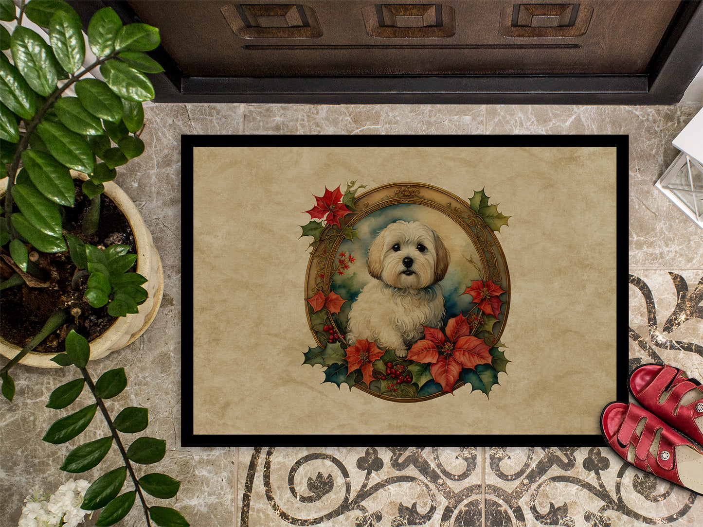 Coton De Tulear Christmas Flowers Doormat