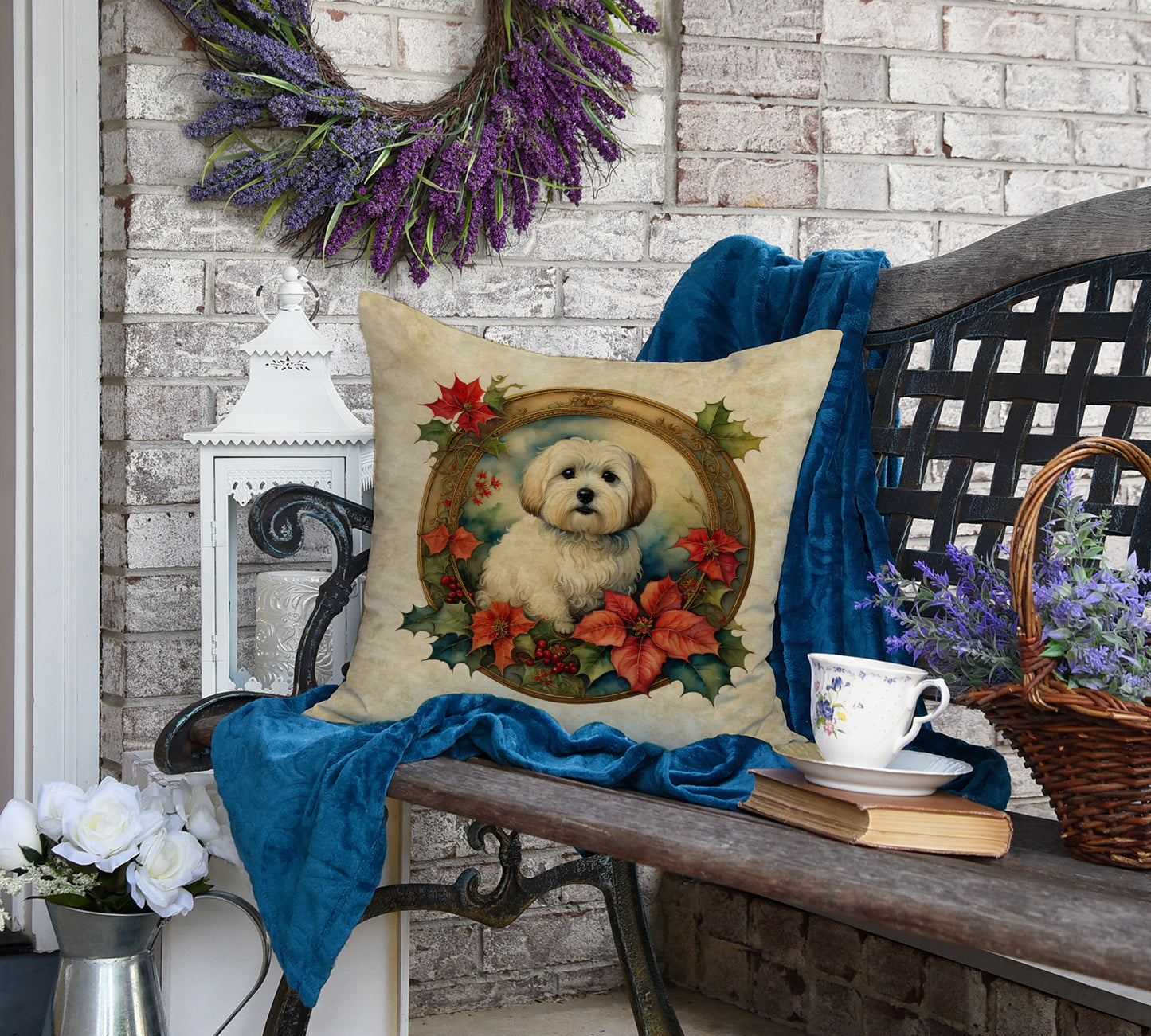 Coton De Tulear Christmas Flowers Throw Pillow