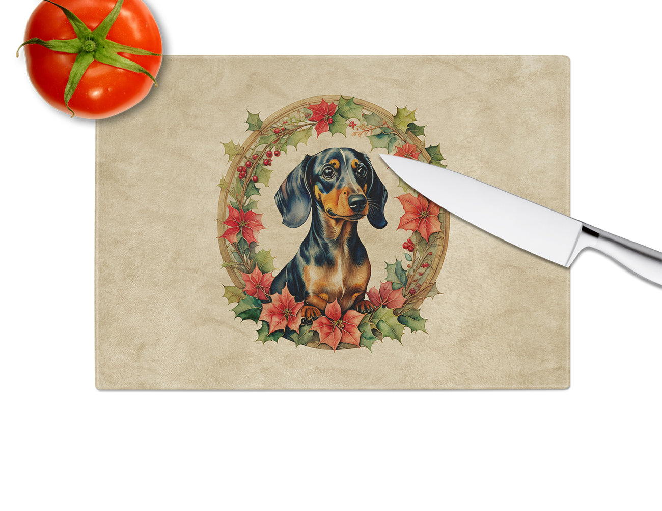 Dachshund Christmas Flowers Glass Cutting Board