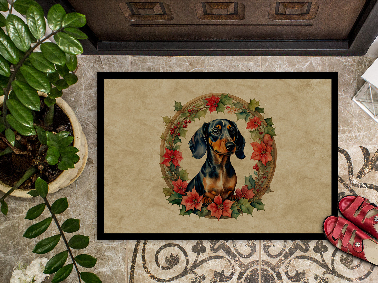 Dachshund Christmas Flowers Doormat