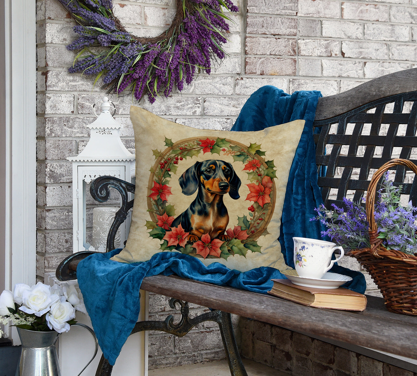 Dachshund Christmas Flowers Throw Pillow