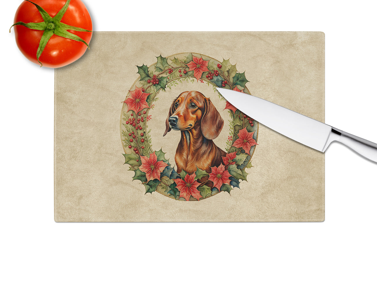 Dachshund Christmas Flowers Glass Cutting Board