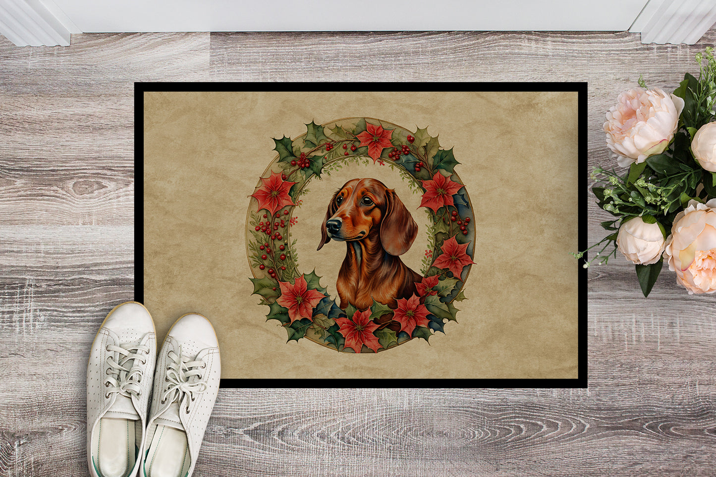 Dachshund Christmas Flowers Doormat