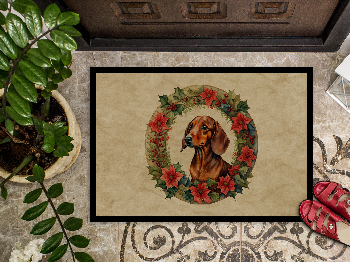 Dachshund Christmas Flowers Doormat