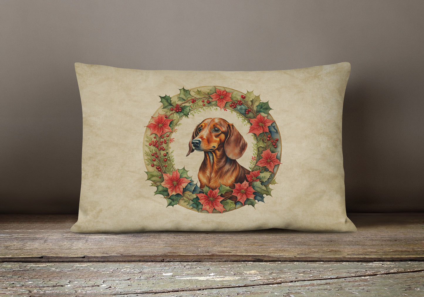 Dachshund Christmas Flowers Throw Pillow