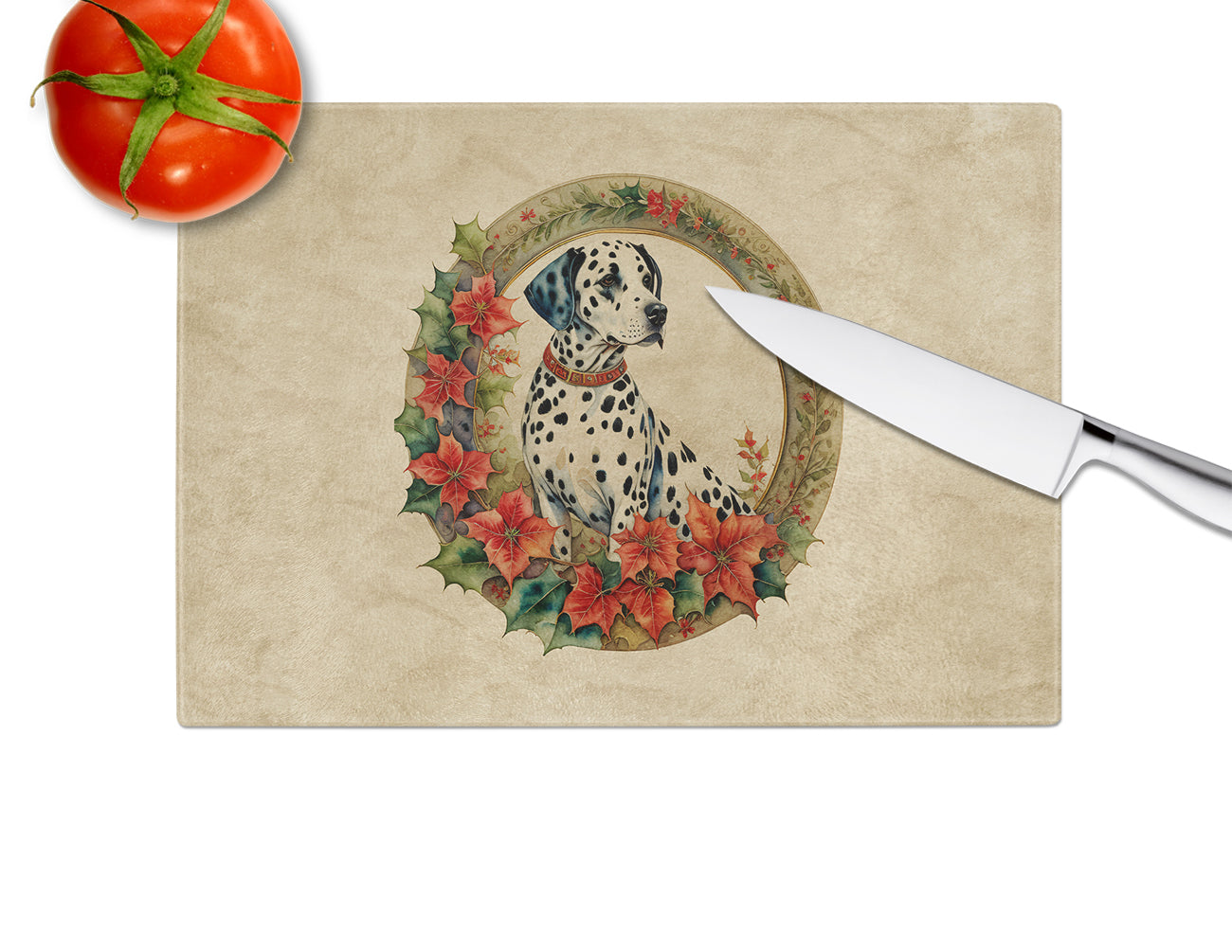 Dalmatian Christmas Flowers Glass Cutting Board