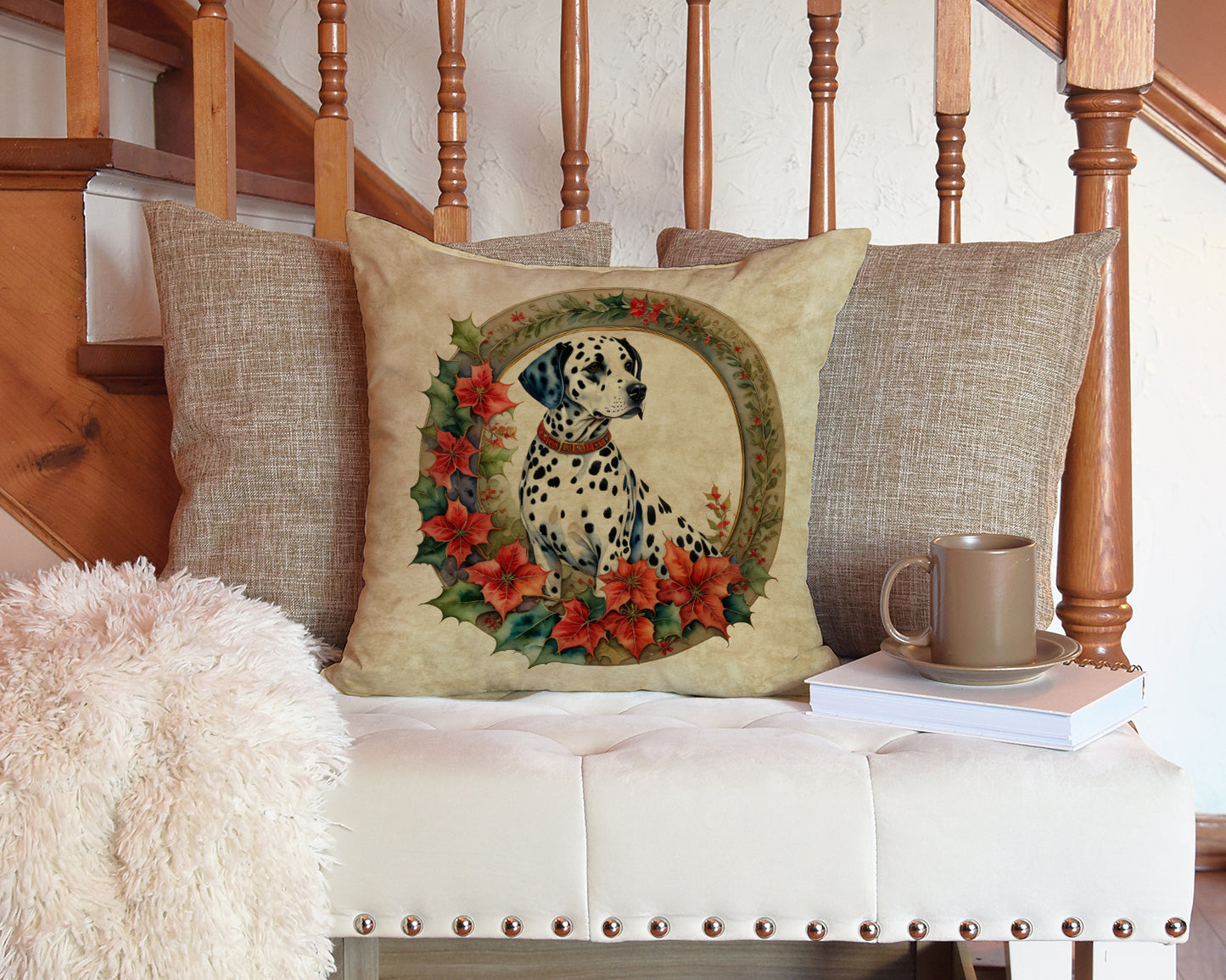 Dalmatian Christmas Flowers Throw Pillow