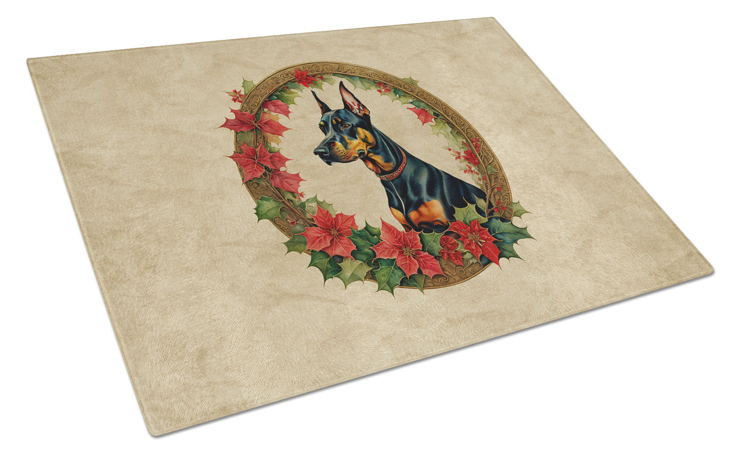 Buy this Doberman Pinscher Christmas Flowers Glass Cutting Board