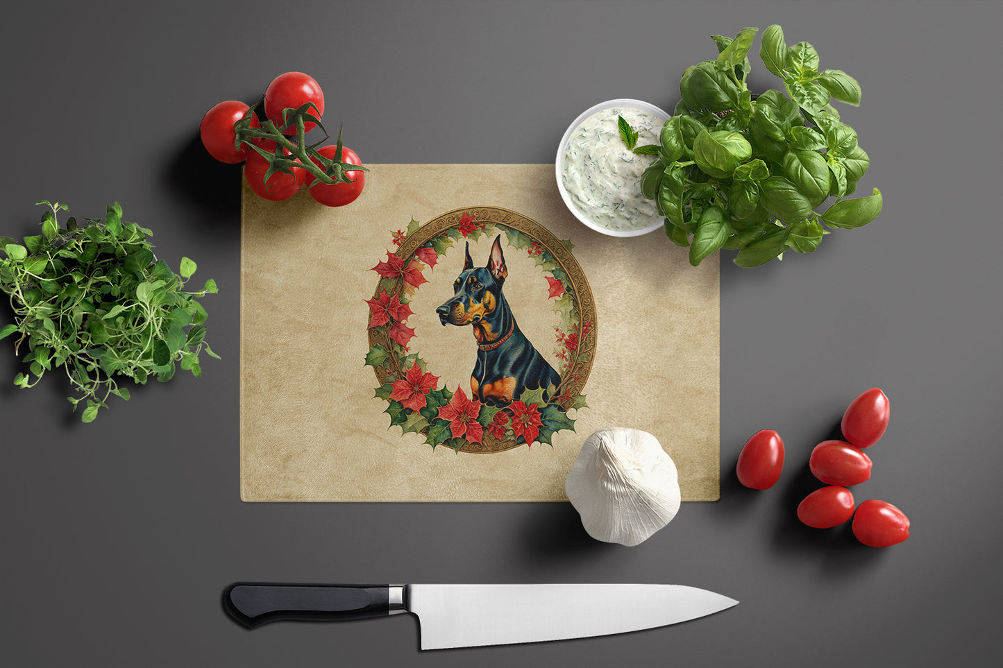 Doberman Pinscher Christmas Flowers Glass Cutting Board