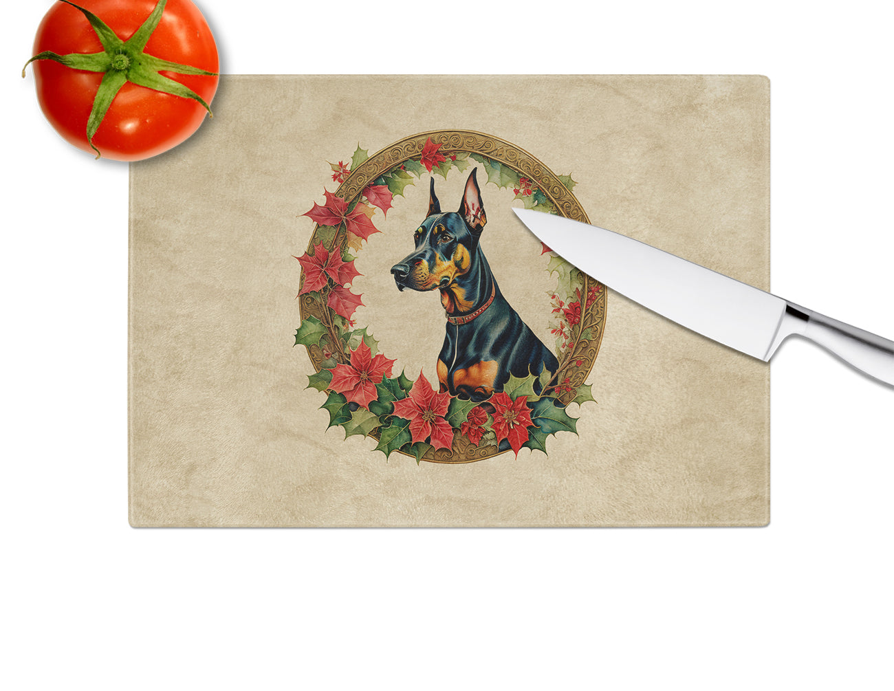 Doberman Pinscher Christmas Flowers Glass Cutting Board