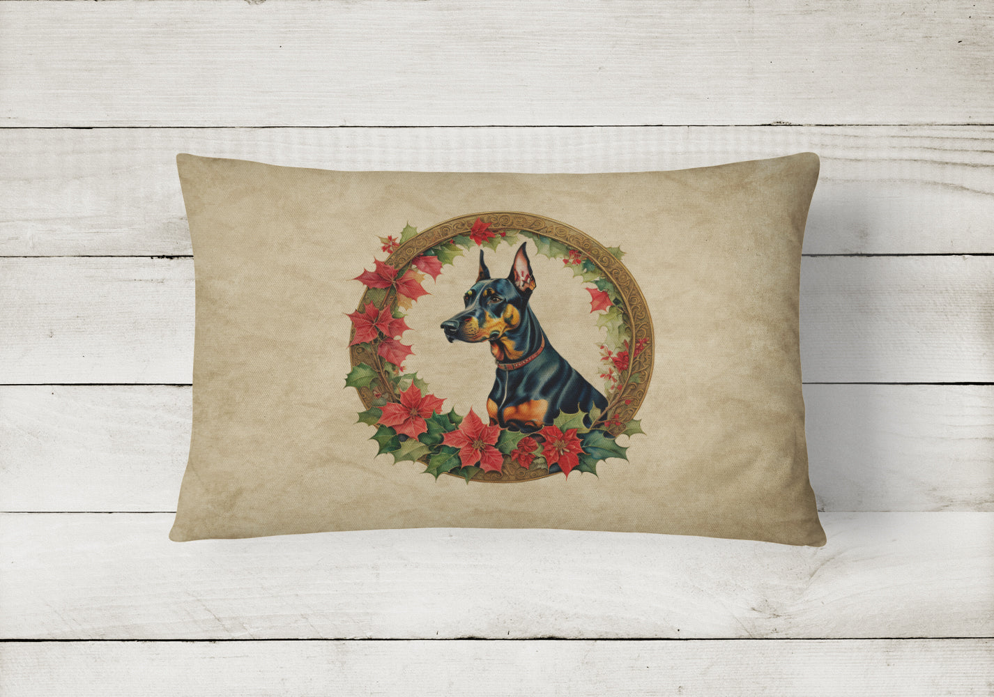 Doberman Pinscher Christmas Flowers Throw Pillow