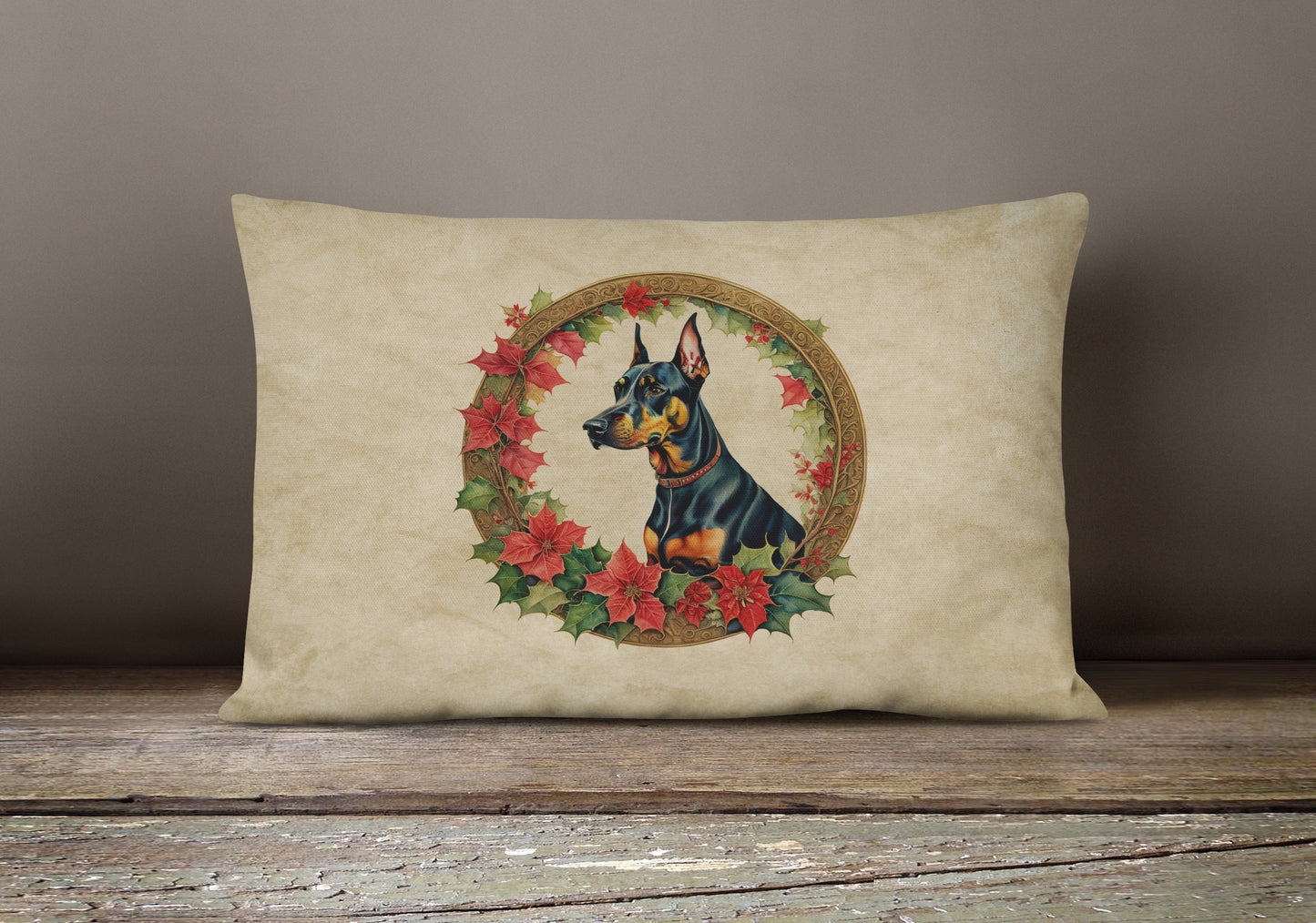 Doberman Pinscher Christmas Flowers Throw Pillow