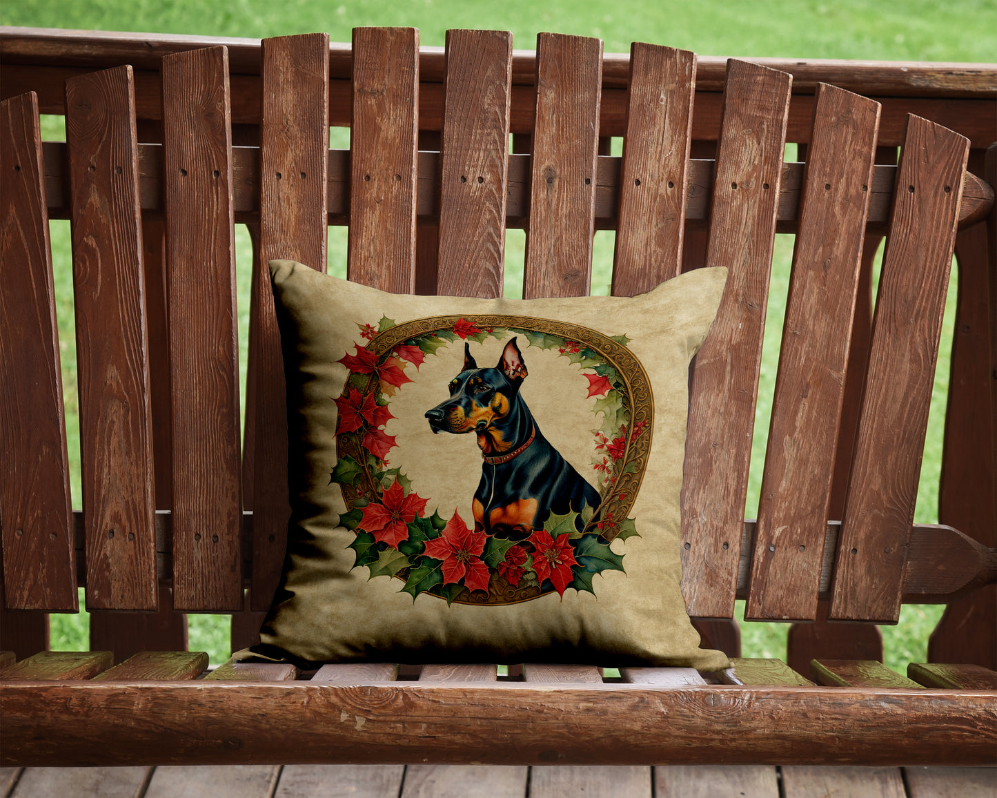 Doberman Pinscher Christmas Flowers Throw Pillow