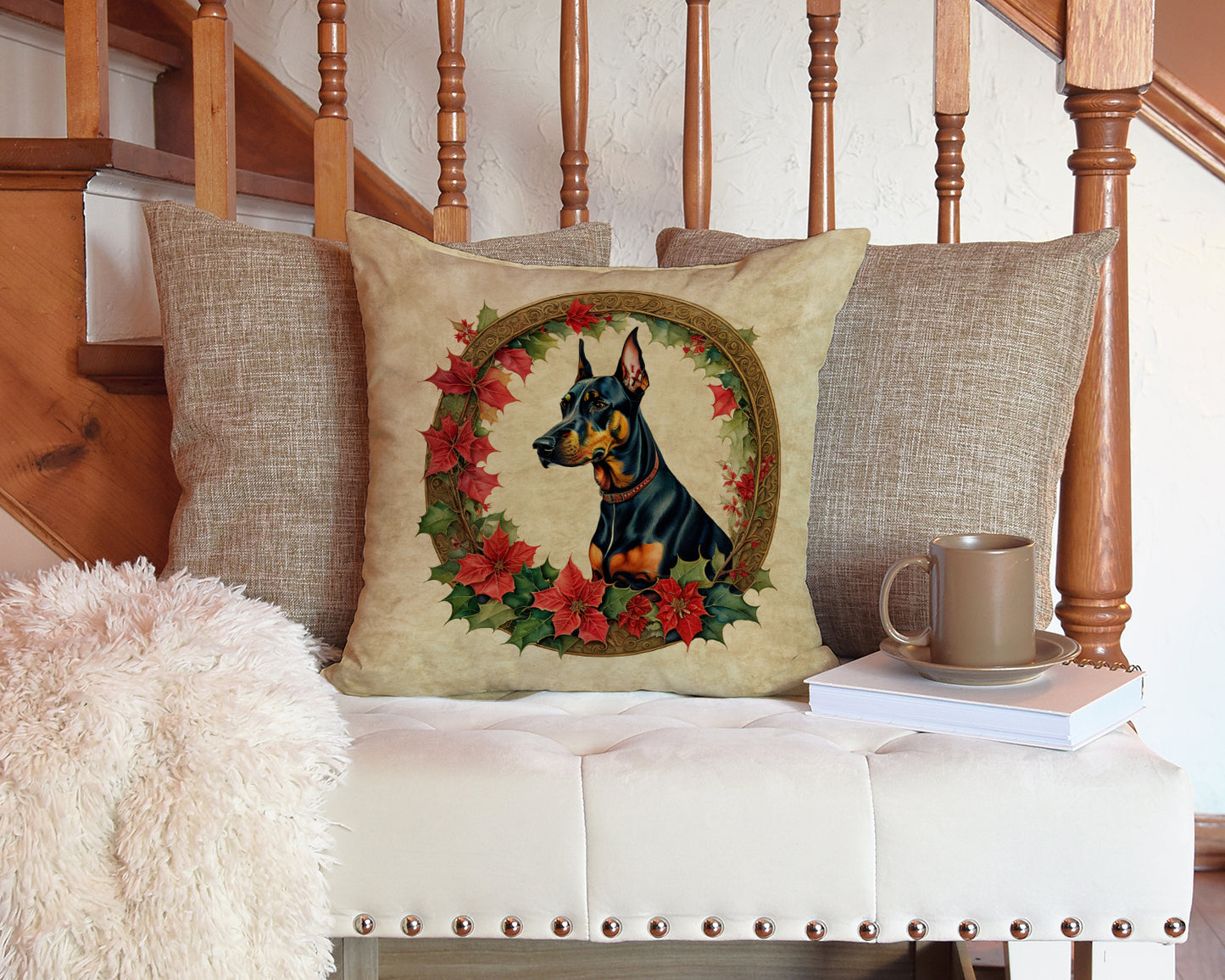 Doberman Pinscher Christmas Flowers Throw Pillow