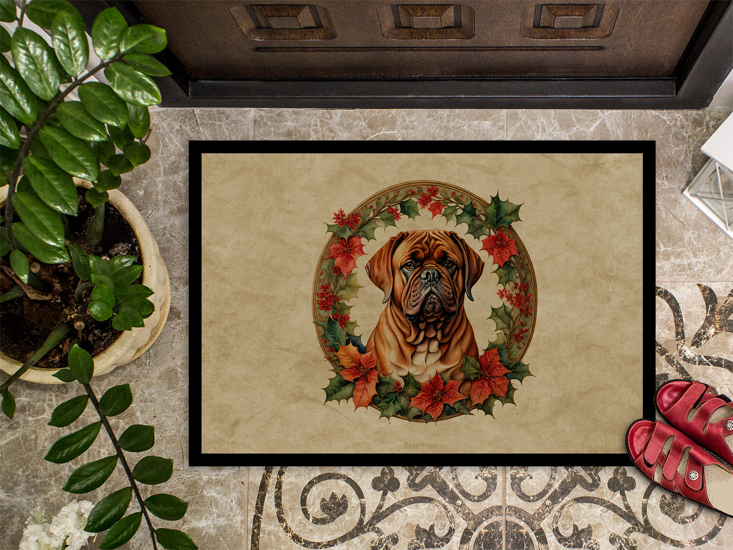 Dogue de Bordeaux Christmas Flowers Doormat