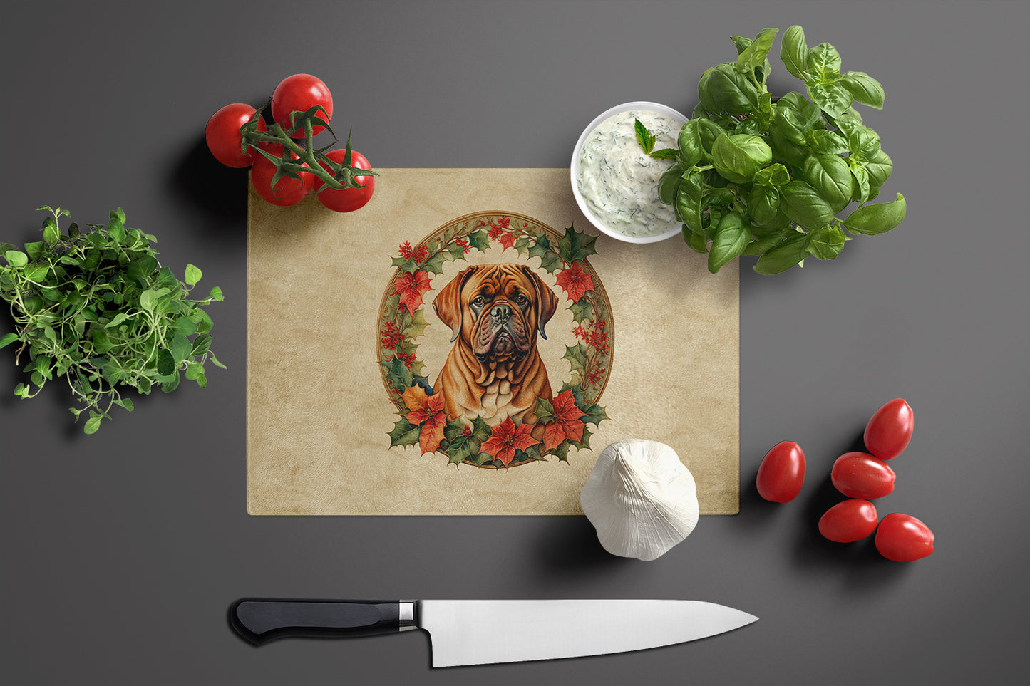 Dogue de Bordeaux Christmas Flowers Glass Cutting Board