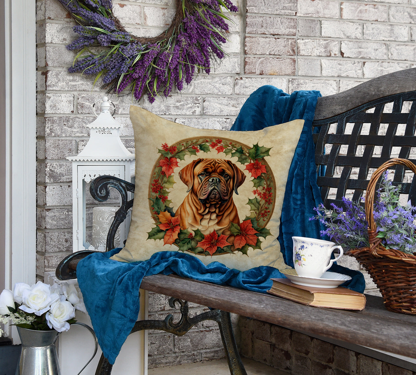 Dogue de Bordeaux Christmas Flowers Throw Pillow