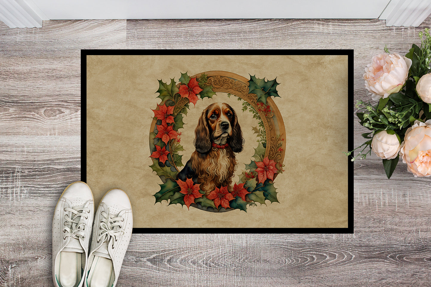 English Cocker Spaniel Christmas Flowers Doormat