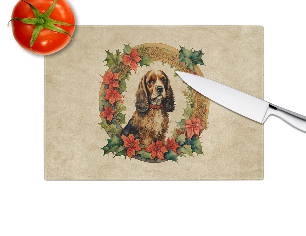 English Cocker Spaniel Christmas Flowers Glass Cutting Board