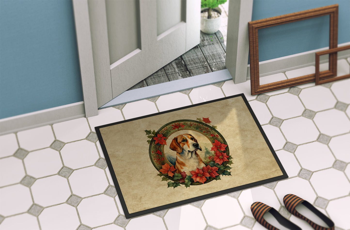 English Foxhound Christmas Flowers Doormat