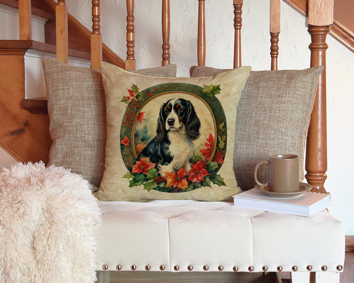 English Springer Spaniel Christmas Flowers Throw Pillow