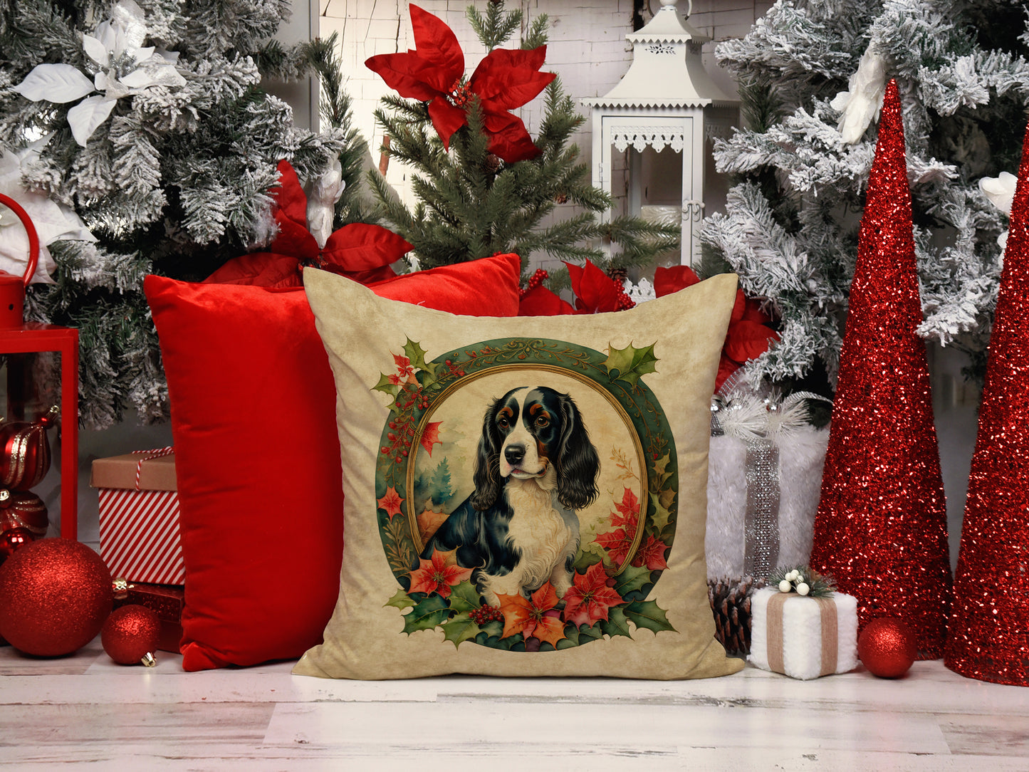 English Springer Spaniel Christmas Flowers Throw Pillow