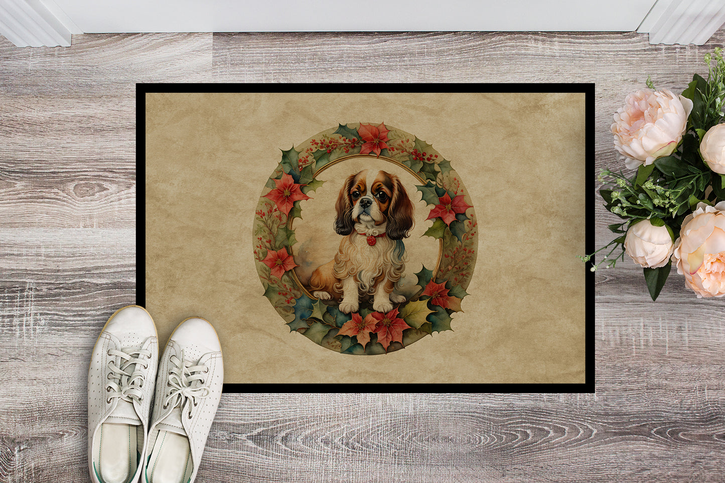 English Toy Spaniel Christmas Flowers Doormat