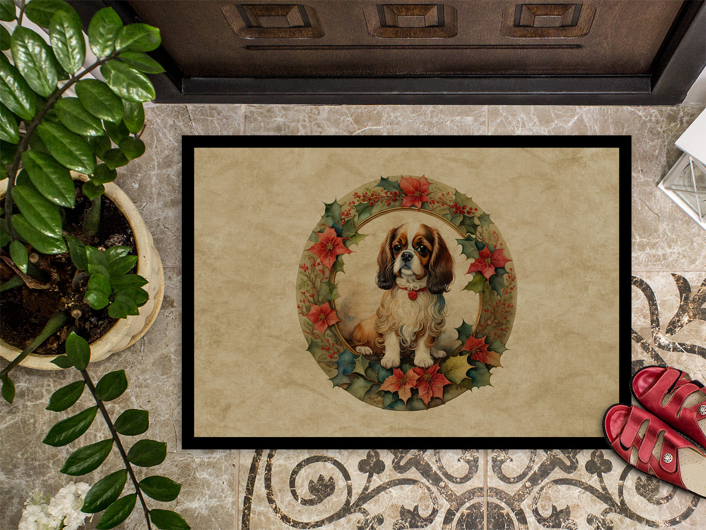 English Toy Spaniel Christmas Flowers Doormat