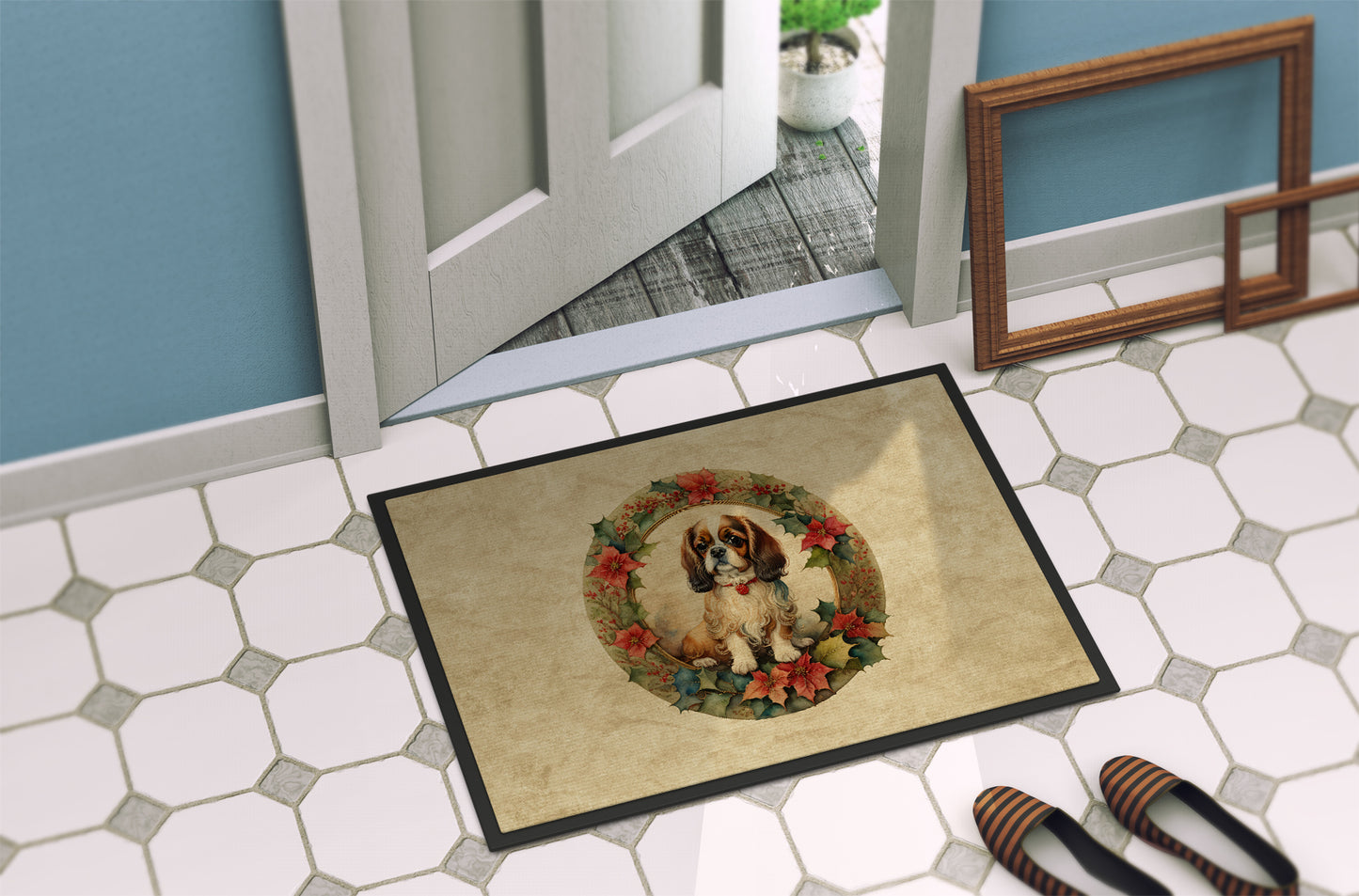 English Toy Spaniel Christmas Flowers Doormat