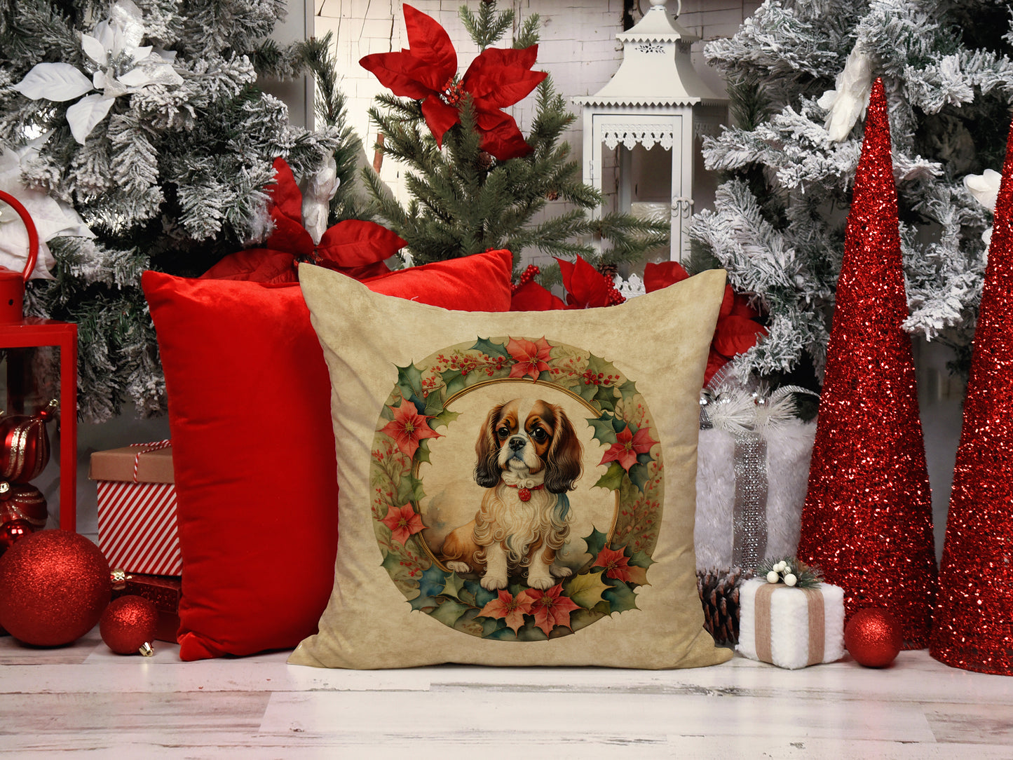 English Toy Spaniel Christmas Flowers Throw Pillow