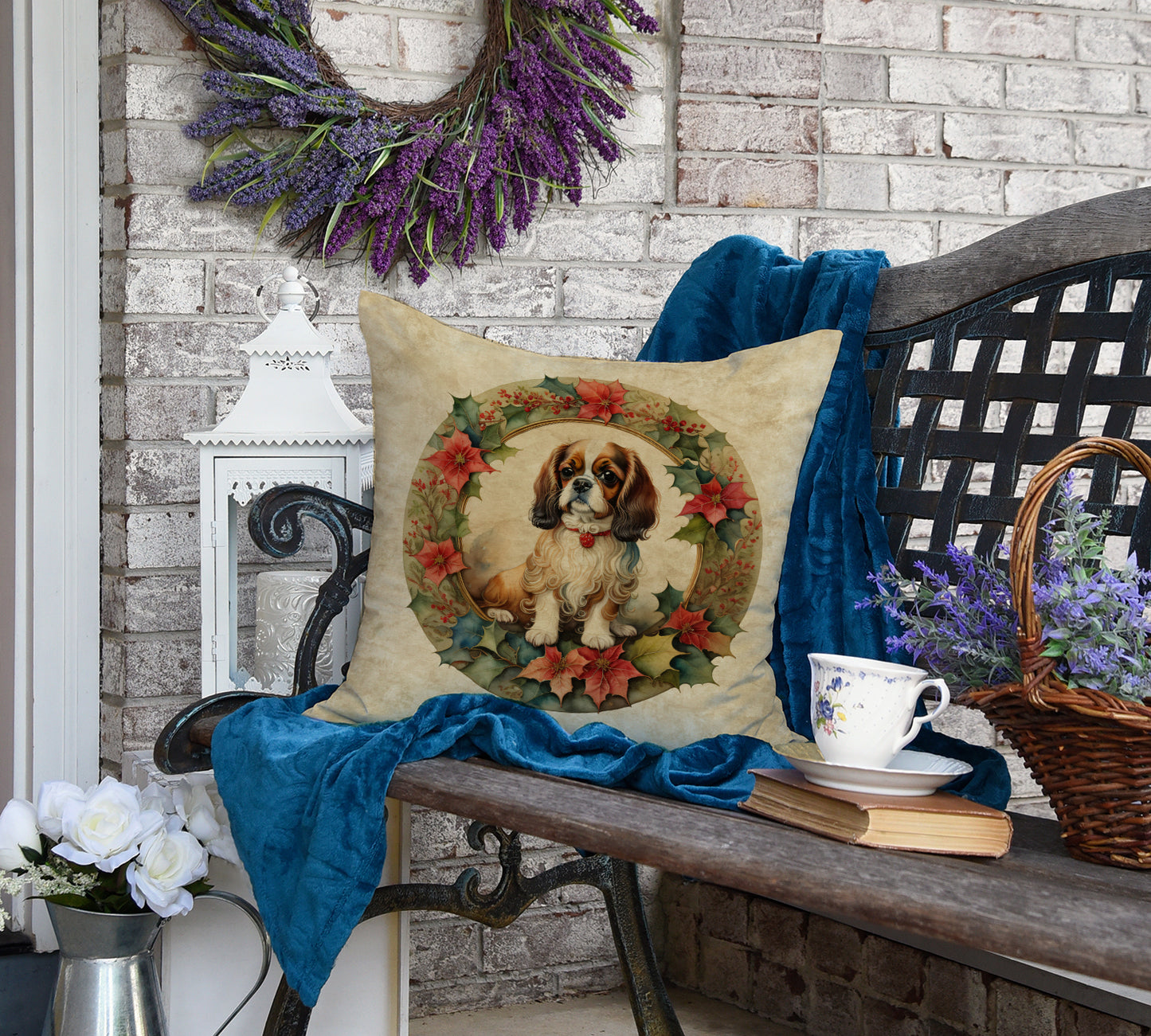 English Toy Spaniel Christmas Flowers Throw Pillow