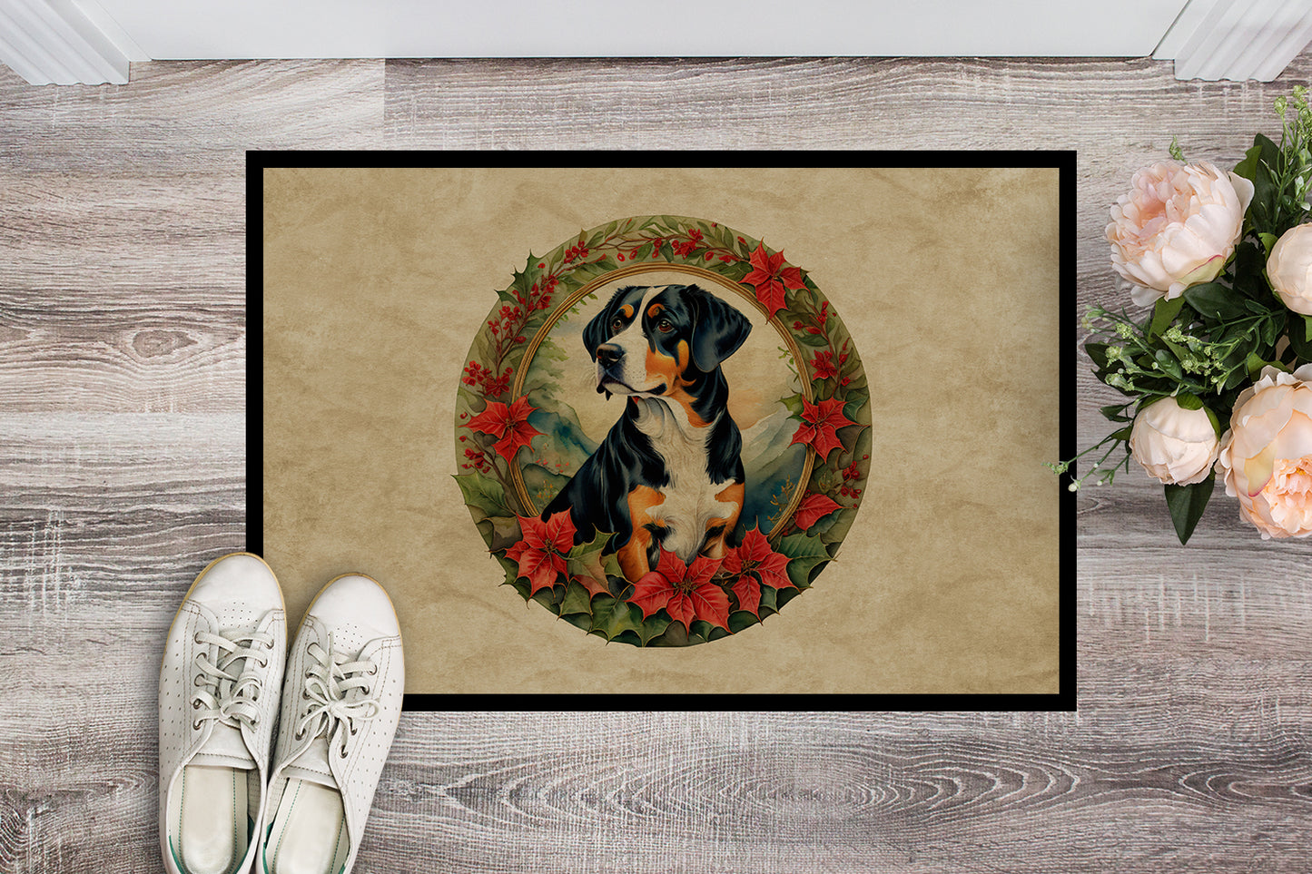 Entlebucher Mountain Dog Christmas Flowers Doormat