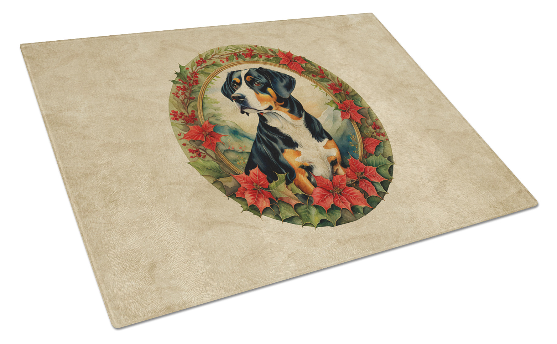 Buy this Entlebucher Mountain Dog Christmas Flowers Glass Cutting Board