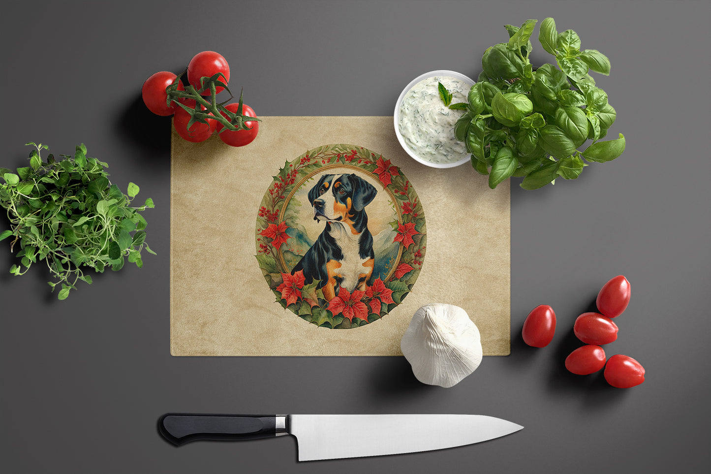 Entlebucher Mountain Dog Christmas Flowers Glass Cutting Board