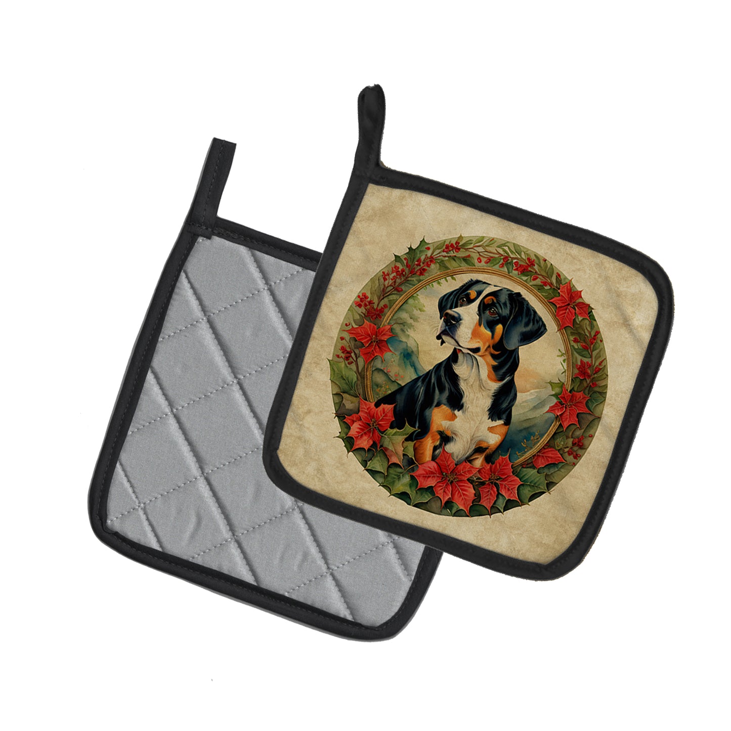 Entlebucher Mountain Dog Christmas Flowers Pair of Pot Holders