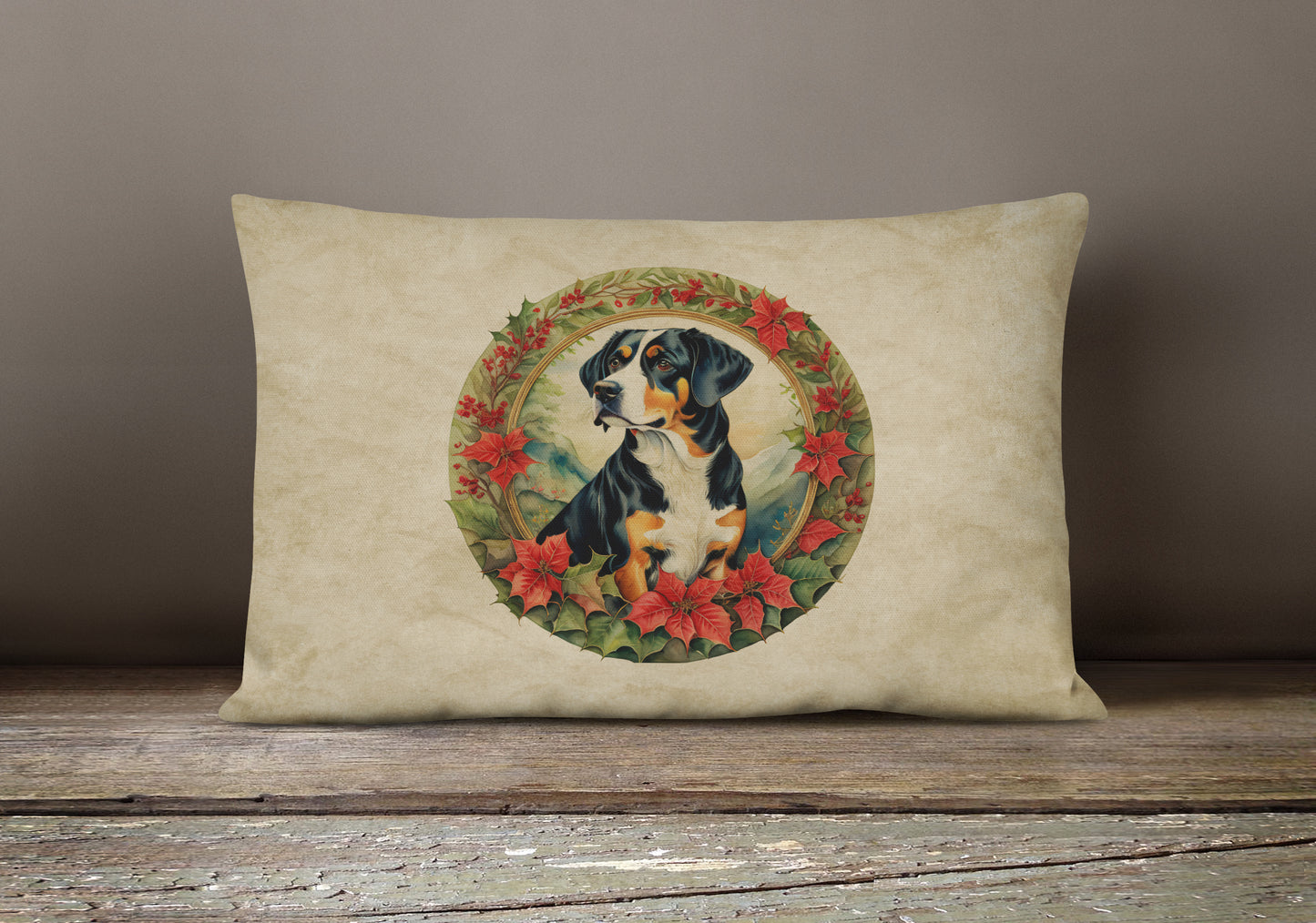 Entlebucher Mountain Dog Christmas Flowers Throw Pillow