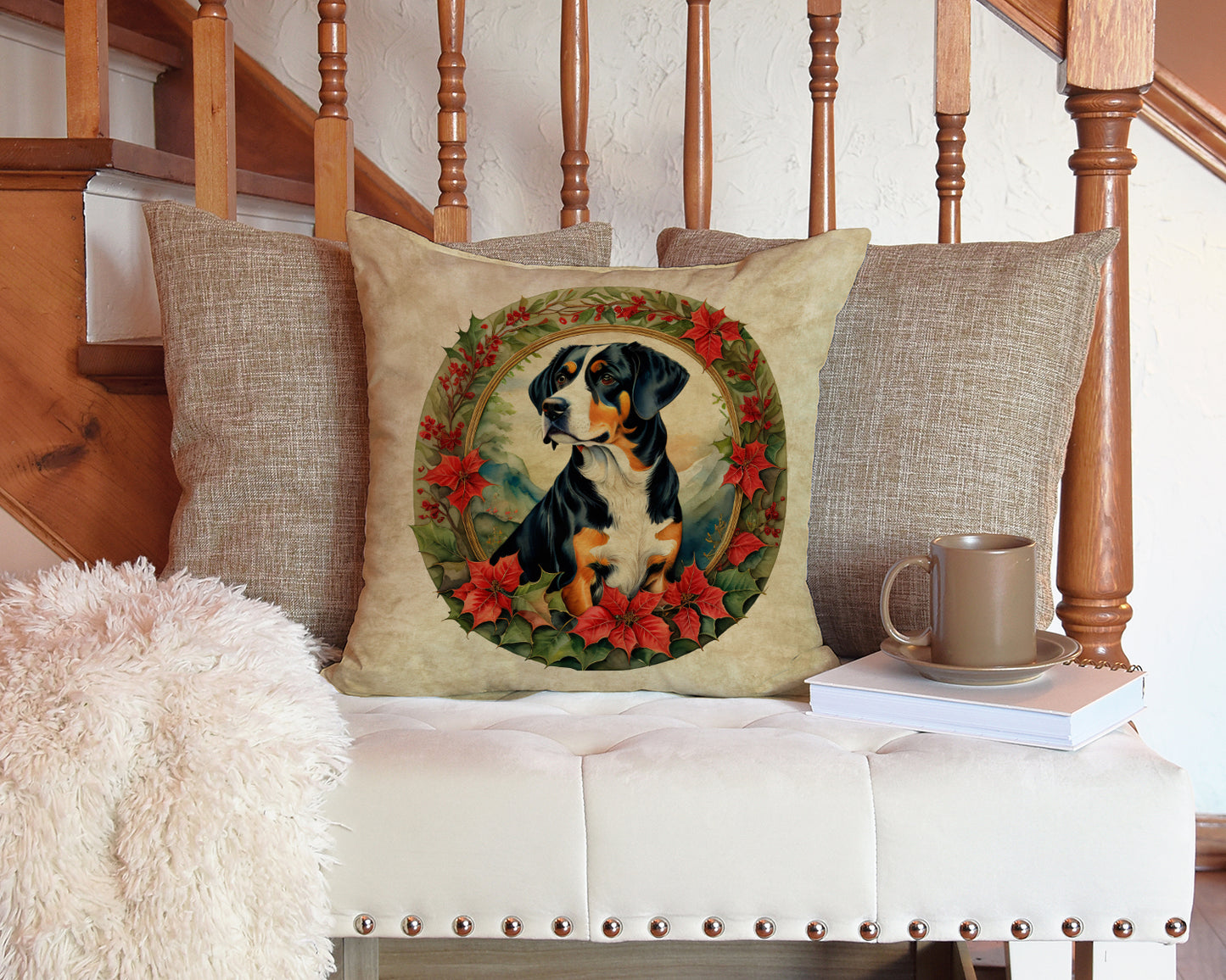 Entlebucher Mountain Dog Christmas Flowers Throw Pillow