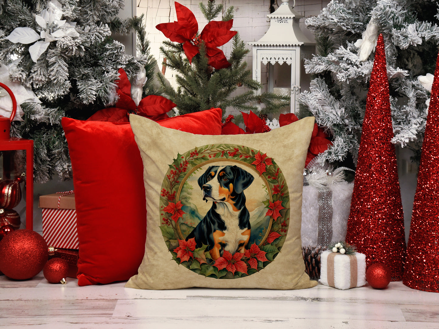 Entlebucher Mountain Dog Christmas Flowers Throw Pillow