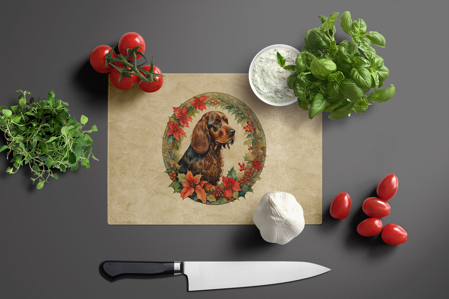 Field Spaniel Christmas Flowers Glass Cutting Board