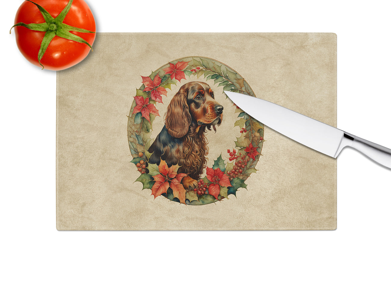 Field Spaniel Christmas Flowers Glass Cutting Board